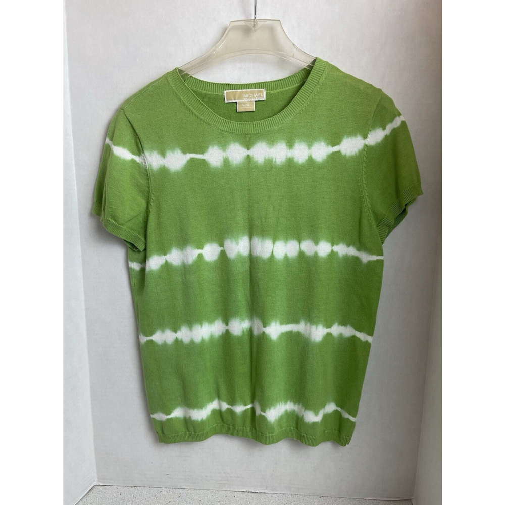 Michael Kors Lime Green Tie Dye Rib Knit Crewneck Sweater Top Short Sleeves L